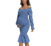 AONESX Maternity Summer Floral Midi Bodycon Dresses, Short Puff Sleeve Square Neck Ruffle Hem Mermaid Baby Shower Dress, Long Sleeve Blue, Large