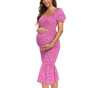 AONESX Maternity Summer Floral Midi Bodycon Dresses, Short Puff Sleeve Square Neck Ruffle Hem Mermaid Baby Shower Dress, Fuchsia, M