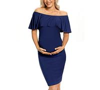 AONESX Ruffle Off Shoulder Fitted Maternity Dress, Ruched Side Bodycon Formal Pregnancy Dress for Baby Shower/Photography, Navy, XL