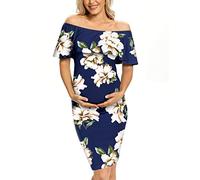 AONESX Ruffle Off Shoulder Fitted Maternity Dress, Ruched Side Bodycon Formal Pregnancy Dress for Baby Shower/Photography, Nw. Floral, Large