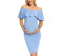 AONESX Ruffle Off Shoulder Fitted Maternity Dress, Ruched Side Bodycon Formal Pregnancy Dress for Baby Shower/Photography, Sky Blue, S
