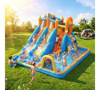 AONESY Bounce House with Slide 2 Slides: 10-in-1 Inflatable Water Slide Bounce House for Kids Age 3-10 with Climbing Wall, Water Cannon, Splash Pool, Wet & Dry, 550W Blower, Backyard Fun