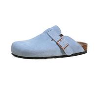 AONETIGER Suede Clogs Womens Leather Mules Soft Cork Footbed Slip-on Potato Shoes Closed Toe Sandals Slides Adjustable Buckle (Light Blue/4UK)