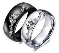 AONEW 2PCS Stainless Steel Mountain Rings Set for Men & Women, 8MM Mountain Landscape Outdoor Wedding Band, Promise Ring, Anniversary Jewelry, Black & Silver Unisex Bands, Metal, No Gemstone