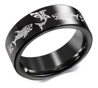 AONEW Stainless Steel Ring for Men Women, 8mm Wedding Band High Polished with Shark Unique Design, Black and Silver Comfort Fit Size 6-13, Metal, No Gemstone