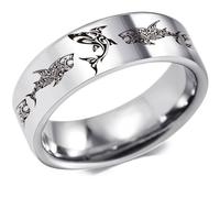 AONEW Stainless Steel Ring for Men Women, 8mm Wedding Band High Polished with Shark Unique Design, Black and Silver Comfort Fit Size 6-13, Metal, No Gemstone