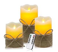 Aongray LED Flameless Candles with Hemp Rope,Battery Operated Flickering Candles Pillar Real Wax Moving Flame Electric Candle Sets with Remote Timer, (D:3.25" X H:4" 5" 6")
