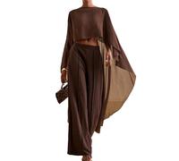 Aonoapll Women Chiffon Long Cape High Low Flowy Poncho Sheer Mesh Shawl and Wraps for Evening Dress Wedding Cover Up Capelet (Ruffle Brown, ONE SIZE)
