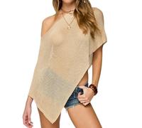 Aonoapll Women Sheer Poncho Top Knit Lightweight See Through Shawl One Shoulder Asymmetrical Y2k Shrug Cover Up Beach (Khaki, M)