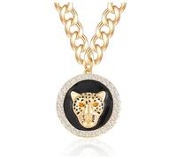Aononu Gold-plated Leopard Head Necklace Chunky Crystal & Enamel Animal Jewelry Adjustable Chain Hip Hop Choker for Women & Men, 18 Inches, Crystal Metal, No Gemstone
