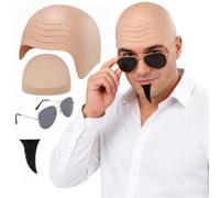Aonuy Bald Cap Costume Set,4-Piece Costume Kit with Sunglasses Wig Cap Mustache, Pitbull Mr Worldwide Halloween Cosplay Music Festival Fancy Dress Party for Adults, Latex Head Cover