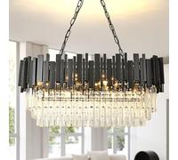 AOOCHOK Modern Crystal Chandelier Black Pendant Light Fixtures, Oval Crystal Pendant Lighting for Living Room, Dining Room, Bedroom, Restaurant, E14 x 8, 80 x 35 cm
