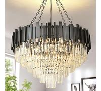 AOOCHOK Modern Crystal Chandelier Black Pendant Light Fixtures, Round Crystal Pendant Lighting for Living Room, Dining Room, Bedroom, Restaurant, E14 x 12, D75 cm