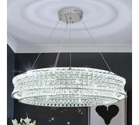 AOOCHOK Modern Crystal Chandelier for Living Room, LED Chrome Pendant Lights, Round Crystal Hanging Lamp for Dining Room, Bedroom, Restaurant, Kitchen Island, Φ80cm