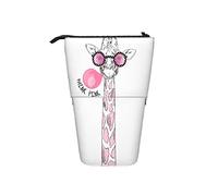AOOEDM Giraffe Telescopic Pencil Case Stand Up Pen Bag in Pink Glasses Blowing A Bubble Gum Funky Cartoon Think Pink Slogan Pencil Organizer,Portable Pencil Bag for School Office