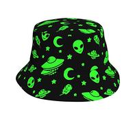 AOOEDM Green Alien Moon Spaceships Planet Black Unisex Bucket Hat Summer Travel Beach Sun Hat Wide Brim Fisherman Cap