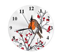AOOEDM Wall Clock Robin On The Branch Tree Red Berries Cute Bird Christmas Design Hand Drawn Round Wall Clock Home Decor Wall Clock for Thanksgiving Day Halloween Xmas