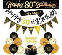 AOOHA 80th Birthday Decorations,Black Gold Sequin Balloons Kit,Happy Birthday Banner,Triangle Flags,Cake Topper,Sash,Birthday Party Decorations Supplies,for Men and Women