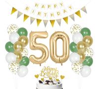 AOOHA Sage Green Gold White 50th Birthday Banners,Number 50 Foil Balloons,Cake Topper,Triangle Flags,Sash,Birthday Decorations,for Men & Women's 50th Party Decorations