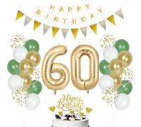 AOOHA Sage Green Gold White 60th Birthday Banners,Number 60 Foil Balloons,Cake Topper,Triangle Flags,Sash,Birthday Decorations,for Men & Women's 60th Party Decorations