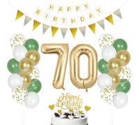 AOOHA Sage Green Gold White 70th Birthday Banners,Number 70 Foil Balloons,Cake Topper,Triangle Flags,Sash,Birthday Decorations,for Men & Women's 70th Party Decorations