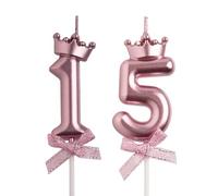 AOOLADA 15th Birthday Candles, Rose Gold 3D Number 15 Happy Birthday Candle with Crown, Cake Topper Decorations for Teenagers Boys Girls