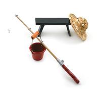 AOOOWER 1/12 Scale Miniature Fishing Set Realistic Dollhouses Accessories With Bucket Bench Hat For Kids Role Play Imaginative Play Fishing Tools