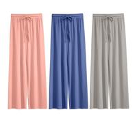 AOOPOO 3 Pack Women's Summer High Waisted Loose Wide Leg Long Trousers Summer Casual Ice Silk Pants with Drawstring Elasticated High Waist Plain Jogging Trousers Breathable Loose-Fitting Home Pants