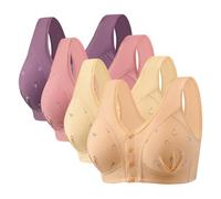 AOOPOO 4 Pack Multicolor Plus Size Non Wired Front Fastening Bras for Women, Comfortable Large Size Cotton Lifting Anti-Sagging Sports Bras, Full Support Everyday Bras for The Elderly