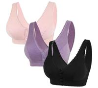 AOOPOO Pack of 3 Front Fastening Bras for Elderly Women with Sagging Breasts, Comfortable and Breathable Cotton Wire-Free Bras with Front Button Fastening for Seniors Older Women, S-3XL