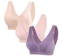 AOOPOO Pack of 3 Front Fastening Bras for Elderly Women with Sagging Breasts, Comfortable and Breathable Cotton Wire-Free Bras with Front Button Fastening for Seniors Older Women, S-3XL