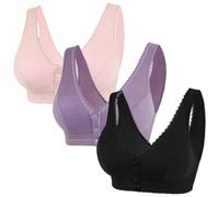 AOOPOO Pack of 3 Front Fastening Bras for Elderly Women with Sagging Breasts, Comfortable and Breathable Cotton Wire-Free Bras with Front Button Fastening for Seniors Older Women, S-3XL
