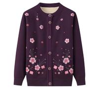 AOOPOO Women's Fleece Lined Knitted Cardigan Sweaters with Pockets, Middle-Aged Elderly Casual Crew Neck Embroidered Top Grandma Cardigan Coat Jacket Warm Sweater Purple