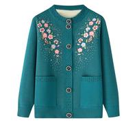AOOPOO Women's Fleece Lined Knitted Cardigan Sweaters with Pockets, Middle-Aged Elderly Casual Crew Neck Embroidered Top Grandma Cardigan Coat Jacket Warm Sweater, S-XL Blue