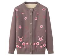 AOOPOO Women's Fleece Lined Knitted Cardigan Sweaters with Pockets, Middle-Aged Elderly Casual Crew Neck Embroidered Top Grandma Cardigan Coat Jacket Warm Sweater Khaki