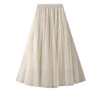 AOOPOO Women's Glitter Tulle Skirt A Line Maxi Pleated Skirts Summer Casual Elastic High Waist Long Tulle Skirt with Sequins for Women One Size Beige