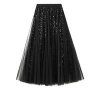 AOOPOO Women's Glitter Tulle Skirt A Line Maxi Pleated Skirts Summer Casual Elastic High Waist Long Tulle Skirt with Sequins for Women One Size Black
