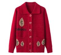 AOOPOO Women's Long Sleeve Knitted Cardigan with Pocket, Thick and Warm Knitted Sweater for Middle-Aged Seniors, Thermal Jacket Grandma's Coat Thickened Knit for Women, 45-72KG Red