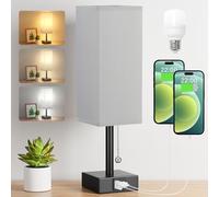 Aooshine Bedside Lamp, Table Lamp for Bedroom, Lamp with USB C+A Charging Ports, Small Bedroom Lamp with 3-Color Modes with Pull Chain, Bedroom Lamp with Grey Fabric Shade(LED Bulb Included)