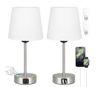 Aooshine White Bedside Lamps Set of 2, Touch Dimmable Table Lamp with USB C Charging Ports, Silver Base, White Linen Shade(Bulbs Included)