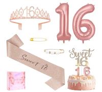 AOOSU 16th Birthday Decorations for Girls,16th Birthday Tiara and Sash with Pearl Pin Rose Gold Cake Topper Number Candle Balloons Kit Sweet 16 Party Decorations Gifts for Women Rose Gold