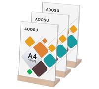 AOOSU A4 Acrylic Sign Holder, 3pcs Poster Menu Holder, Perspex Display Stand L-Shape Wooden Base Double Sided Table Stands for Restaurant, Hotel, Promotions, Photo, Documents Displays Stand Holders