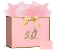 AOOSU Birthday Gift Bag, 32*22*10cm 50th Birthday Party Gifts Bag with Greeting Handles and 3 Wrappers and 1 Cards, Luxury Paper Bags with Handles for Girls Womens Wedding Party Christmas Valentines