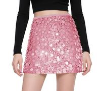 AOOSU Pink Sparkle Skirt, Stretchy Bodycon Sequin Mini Skirt for Women, Wrapped Glitter Dress for Women Concert Outfit Summer Dance Street Club Party Night Out Party