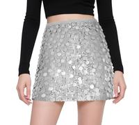 AOOSU Silver Sparkle Skirt, Stretchy Bodycon Sequin Mini Skirt for Women, Wrapped Glitter Dress for Women Concert Outfit Summer Dance Street Club Party Night Out Party