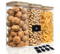 AOOTE 2L Clear Airtight Food Storage Container Jar, 3 Pack Kitchen Pantry Storage Container with Bamboo Lids with 2 Sticker, Square Glass Jars for Flour, Sugar, Rice, Pasta, Oats, Grains