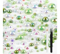 AOOTE 50g Mix Flat Back Pearls and Rhinestones, Mixed Size 3mm-10mm Mix Pearls and Rhinestones for Crafts, Flatback Pearl with Tweezers and a Dotting Pen for DIY Nails Mugs Art Shoes Clothe, Green