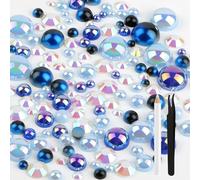 AOOTE 50g Mix Flat Back Pearls and Rhinestones, Mixed Size 3mm-10mm Mix Pearls and Rhinestones for Crafts, Flatback Pearl with Tweezers and a Dotting Pen for DIY Nails Mugs Art Shoes Clothe, Blue