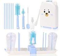 AOOTE Baby Bottle Brush Set with Storage Drying Rack Holder, Baby Travel Bottle Cleaner Kit with Silicone Bottles Brush, Nipple & Straw Brushs,Drying Rack,Plastic Spray Bottles,Storage Box,Blue