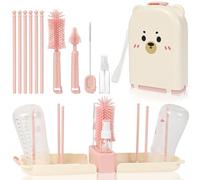 AOOTE Baby Bottle Brush Set with Storage Drying Rack Holder, Baby Travel Bottle Cleaner Kit with Silicone Bottles Brush, Nipple & Straw Brushs,Drying Rack,Plastic Spray Bottles,Storage Box,Pink